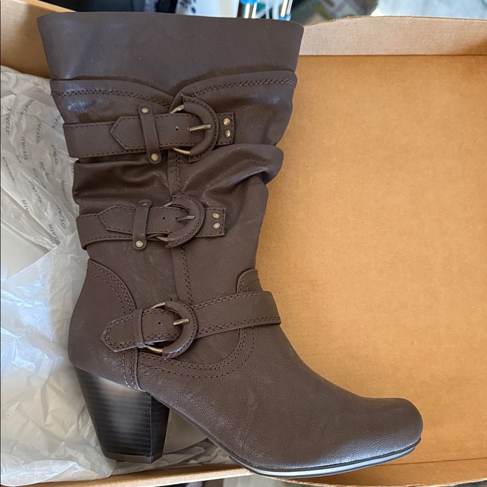 Rialto Dark Brown Heeled Boots with Buckle Detail